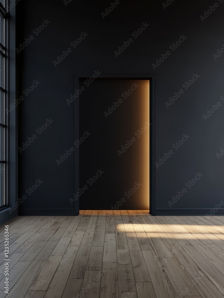 Modern exhibition hall interior with mock up place on dark wall and wooden flooring. 3D Rendering Modern exhibition hall interior with mock up place on dark wall and wooden flooring. 3D Rendering