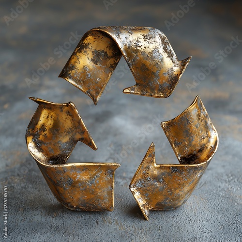 Symmetrical Metal Recycling Symbol with Industrial Rust Finish, 工業的な錆び仕上げを施した対称的な金属リサイクルシンボル.GenerativeAI