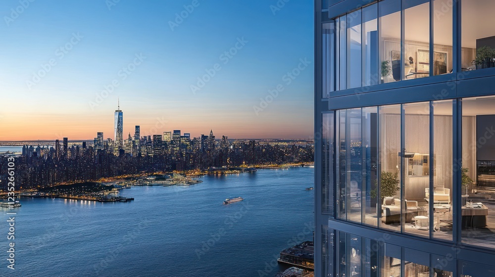 Naklejka premium Modern Apartment Overlooking Nighttime Manhattan Skyline