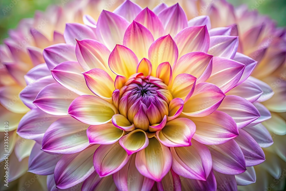 Fototapeta premium Dahlia Flower Double Exposure, Close-up, Cream Pink-Purple, Short Depth of Field