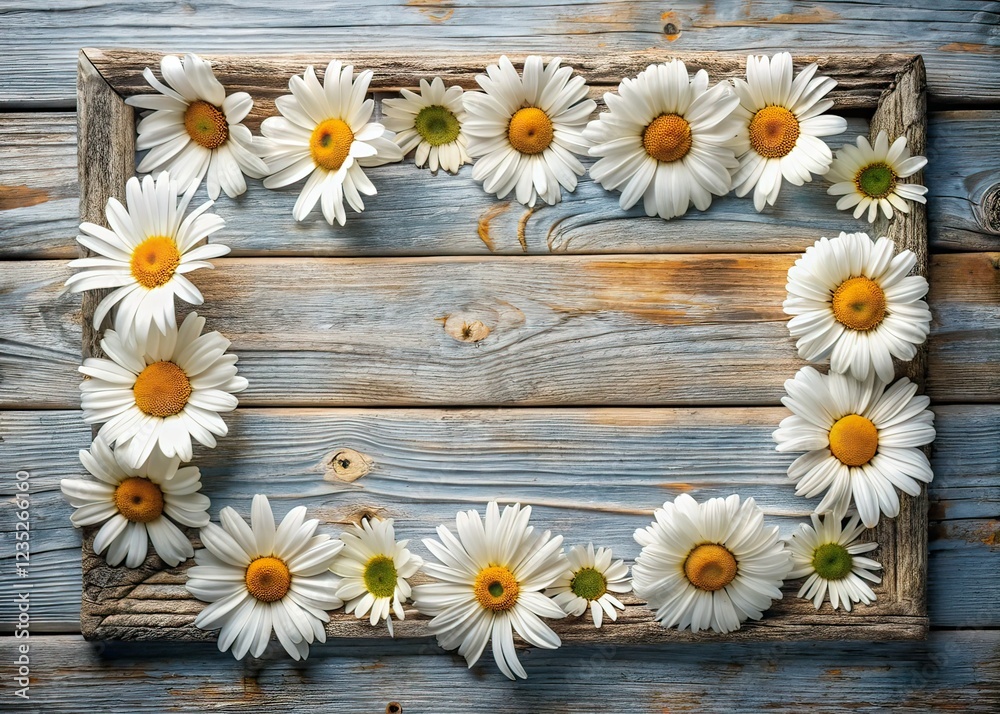 Obraz premium Daisies on Shabby Wood, Aerial Floral Background