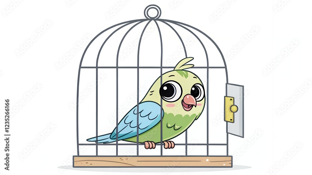 Cute Parakeet in Birdcage Open Door Pet Bird Illustration Cute Parakeet in Birdcage Open Door Pet Bird Illustration