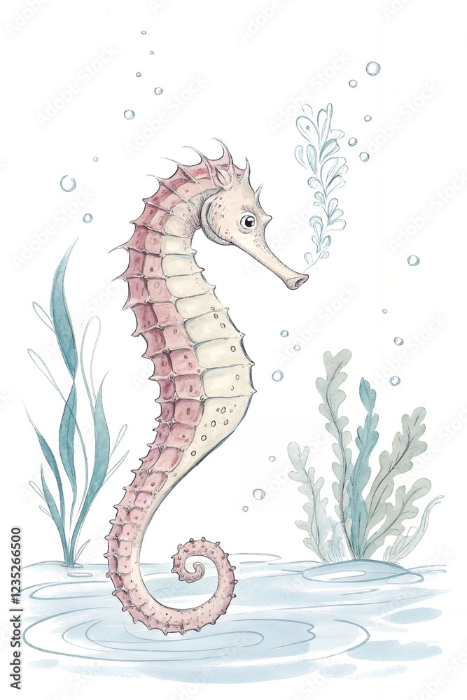 Obraz premium Adorable Seahorse in Ocean Habitat Underwater Marine Life Cute Sea Creature Illustration