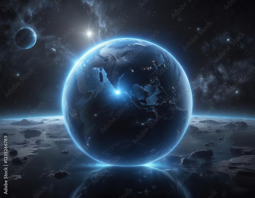 Fototapeta premium glowing blue planet surrounded by shimmering silver stardust, stars, abstract