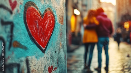 Street Artist Painting Heart Graffiti as Couple Embraces in Background, Urban City Vibes photo