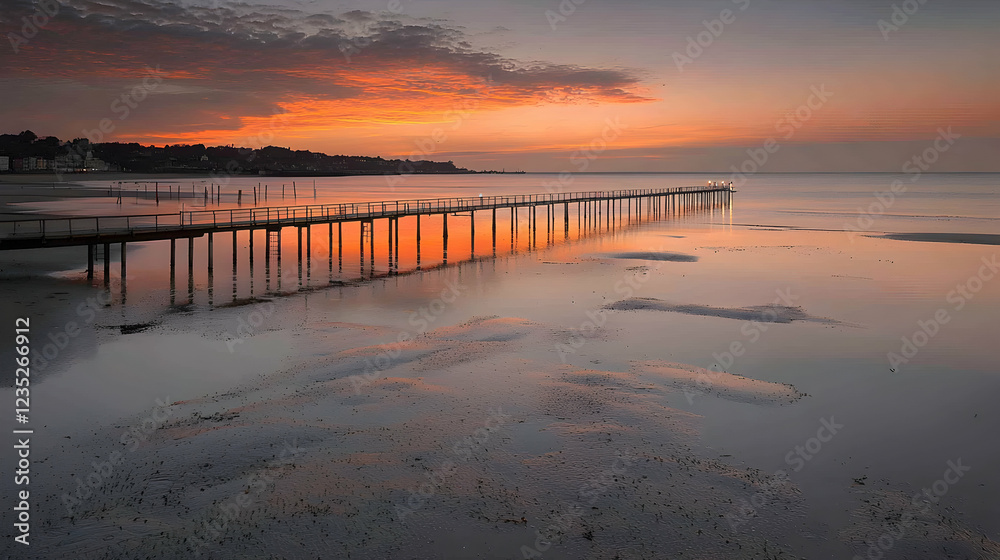 Sunrise pier reflection coastal beach calm water Sunrise pier reflection coastal beach calm water