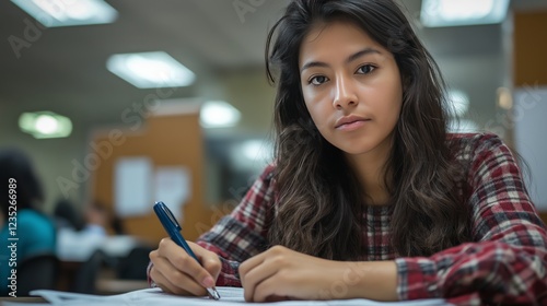  young immigrant woman filling out paperwork at a government office