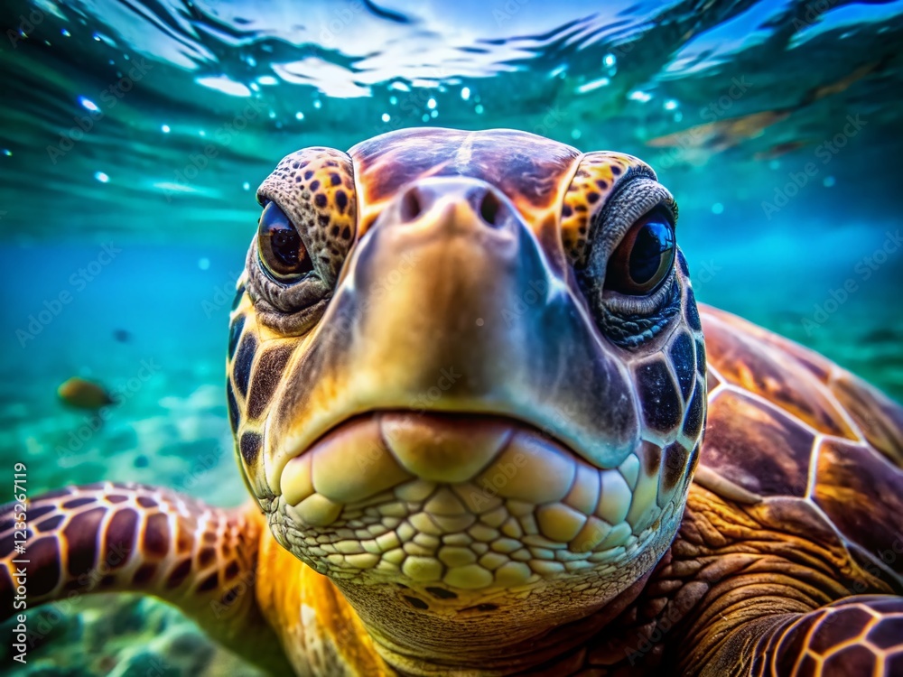 Fototapeta premium Close-up of a Turtle's Face in the Ocean