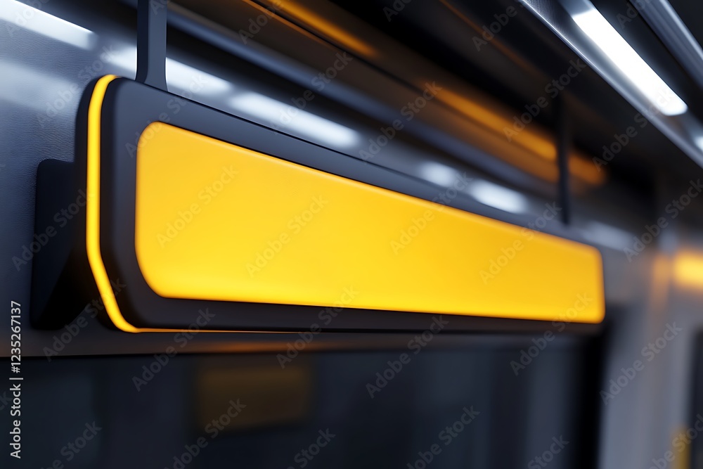 Close-up of a modern subway handrail with an illuminated orange strip. Close-up of a modern subway handrail with an illuminated orange strip.