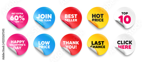 Extra discount sticker tag. Top 10, Best seller, Hot price banners. Get Extra 60 percent off Sale. Discount offer price sign. Special offer symbol. Save 60 percentages. Join our team sticker. Vector