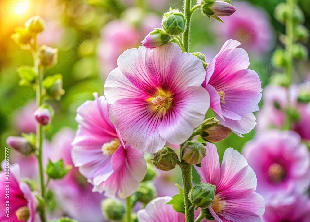 Close-up of Pale Purple Hollyhock Flowers in Summer Garden - Candid Photography Close-up of Pale Purple Hollyhock Flowers in Summer Garden - Candid Photography