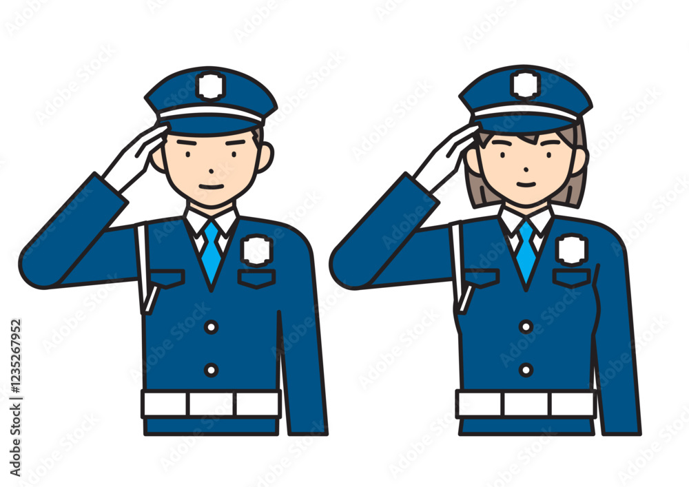 敬礼する若い男性と女性の警備員 敬礼する若い男性と女性の警備員