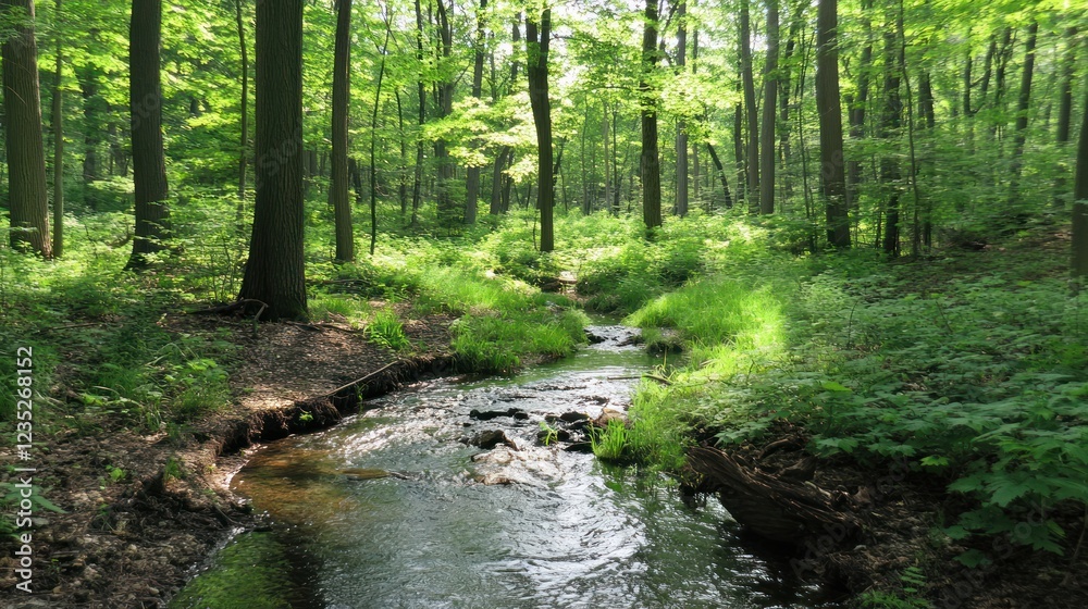 Serene Stream Flows Through Lush Green Forest Serene Stream Flows Through Lush Green Forest