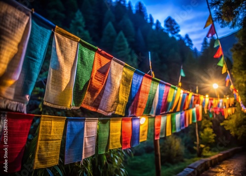 Close-up of Vibrant Tibetan Prayer Flags at Night, Dark Forest Background
