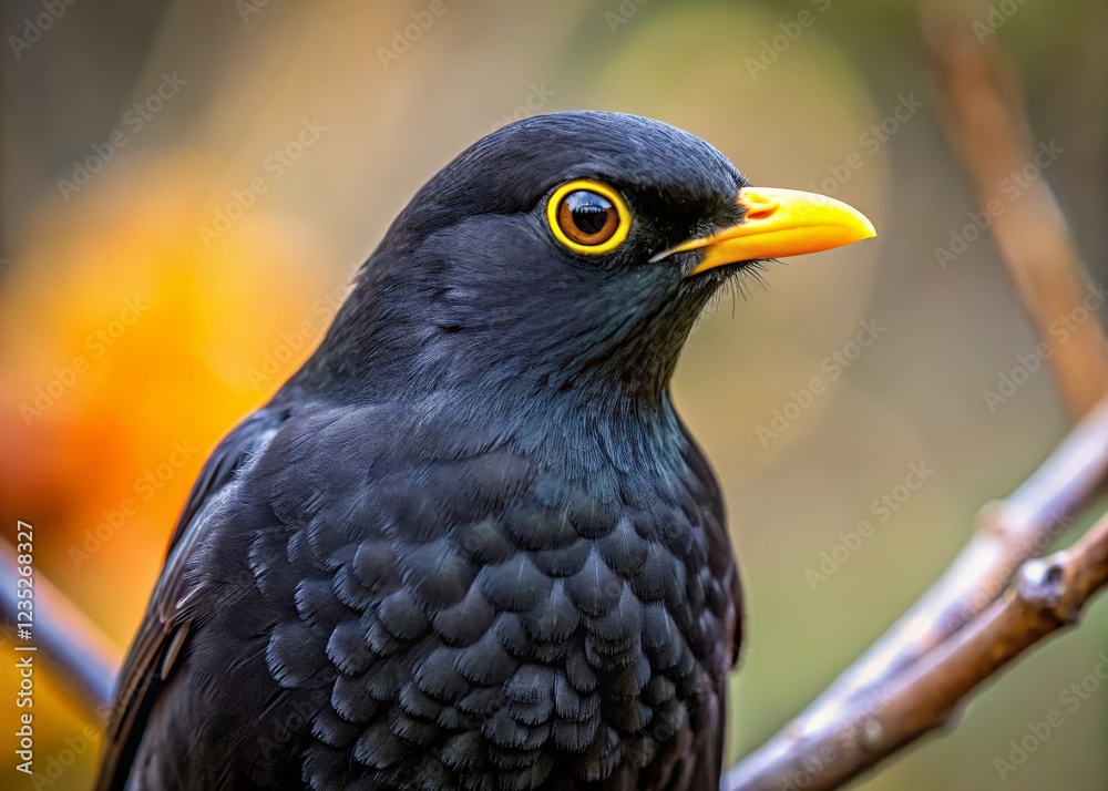 Fototapeta premium Close-up Portrait of a Black Bird with Piercing Yellow Eyes
