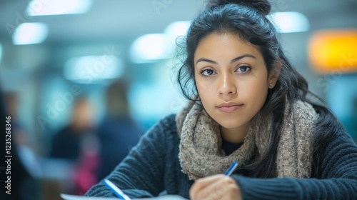  young immigrant woman filling out paperwork at a government office