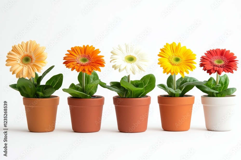 Row of five potted flowers, each in a different color Row of five potted flowers, each in a different color