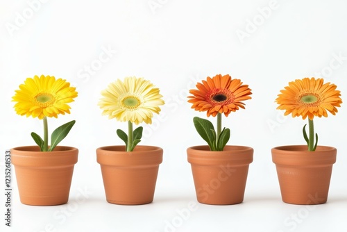 Four potted flowers of different colors are arranged in a row