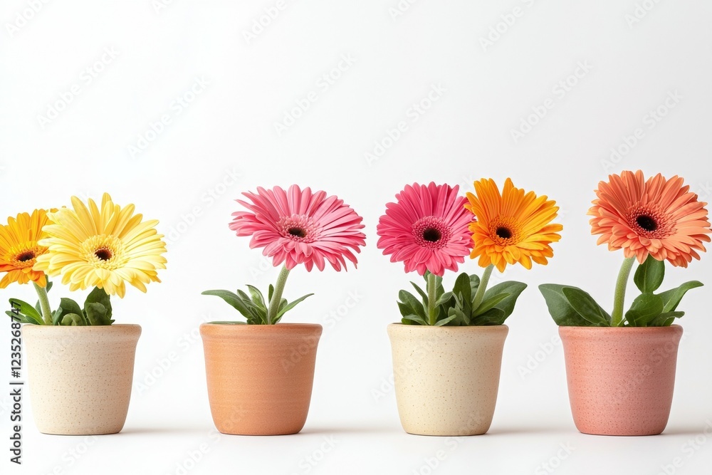 Row of potted flowers in different colors, including pink, yellow, and orange Row of potted flowers in different colors, including pink, yellow, and orange