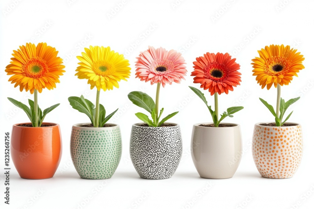 Row of five vases with different colored flowers in them Row of five vases with different colored flowers in them