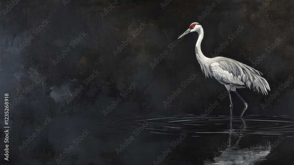Fototapeta premium A solitary crane stands in dark water