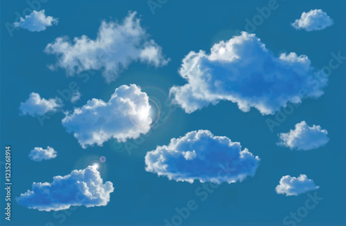 Blue sky with clouds and sun realistic vector illustration