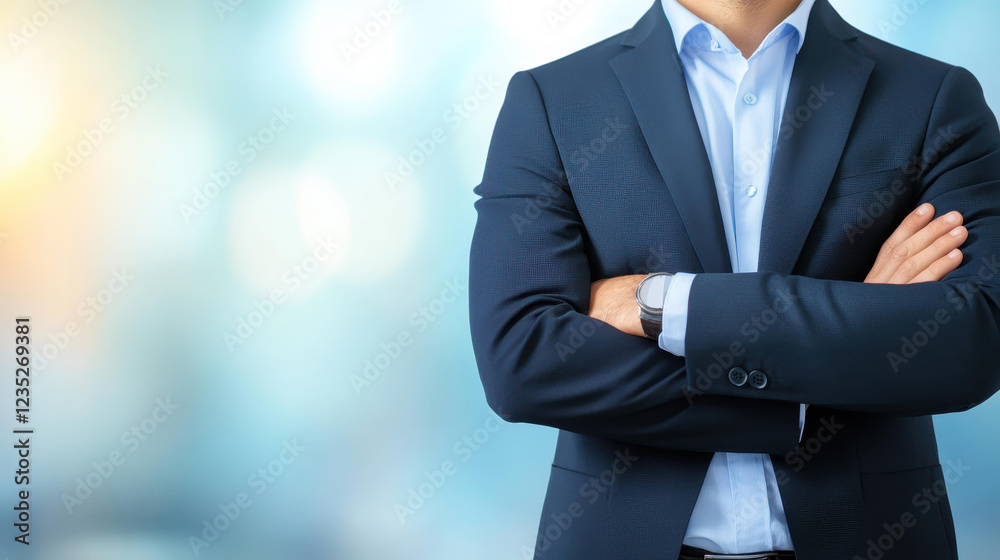 Fototapeta premium Young businessman exudes confidence in a sleek suit, captured against a blurred backdrop for a modern touch.