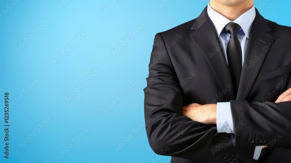 Confident businessman with arms crossed, exuding professionalism and determination in a closeup shot. Confident businessman with arms crossed, exuding professionalism and determination in a closeup shot.