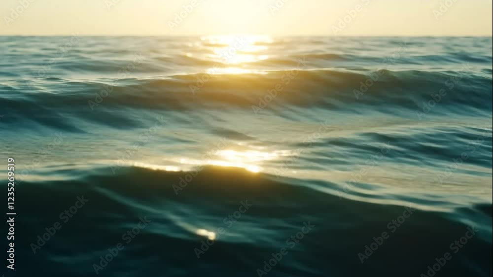 Golden sunlight reflects on gentle ocean waves creating a serene and calming atmosphere. Perfect for nature documentaries or travel videos.