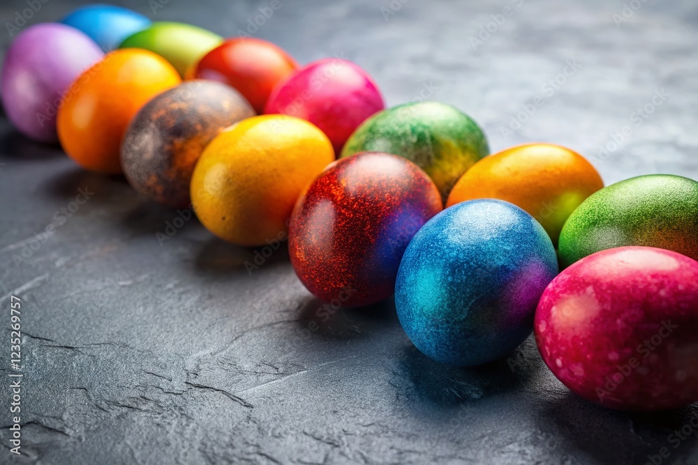 Colorful Easter Eggs on Grey Background - Festive Spring Holiday Decoration Colorful Easter Eggs on Grey Background - Festive Spring Holiday Decoration