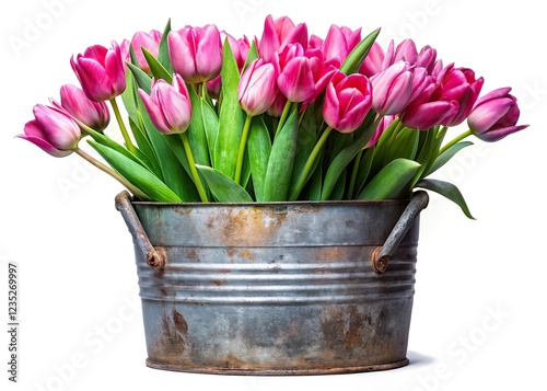 Double Exposure Pink Tulips in Corroded Tin Bucket