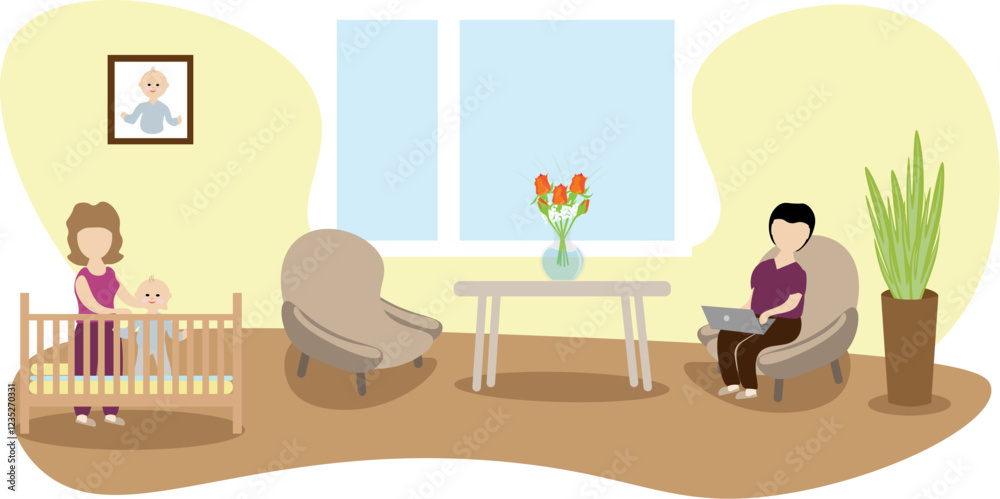 A happy family with a small child. The mother looks lovingly at the baby in the crib, the father is sitting in an armchair and working on a laptop. Vector illustration A happy family with a small child. The mother looks lovingly at the baby in the crib, the father is sitting in an armchair and working on a laptop. Vector illustration