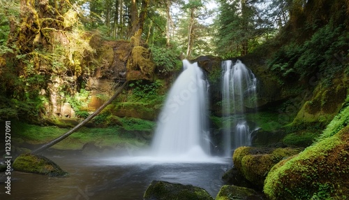 A serene waterfall surrounded by lush green trees and moss-covered rocks, with mist rising from the cascading water.