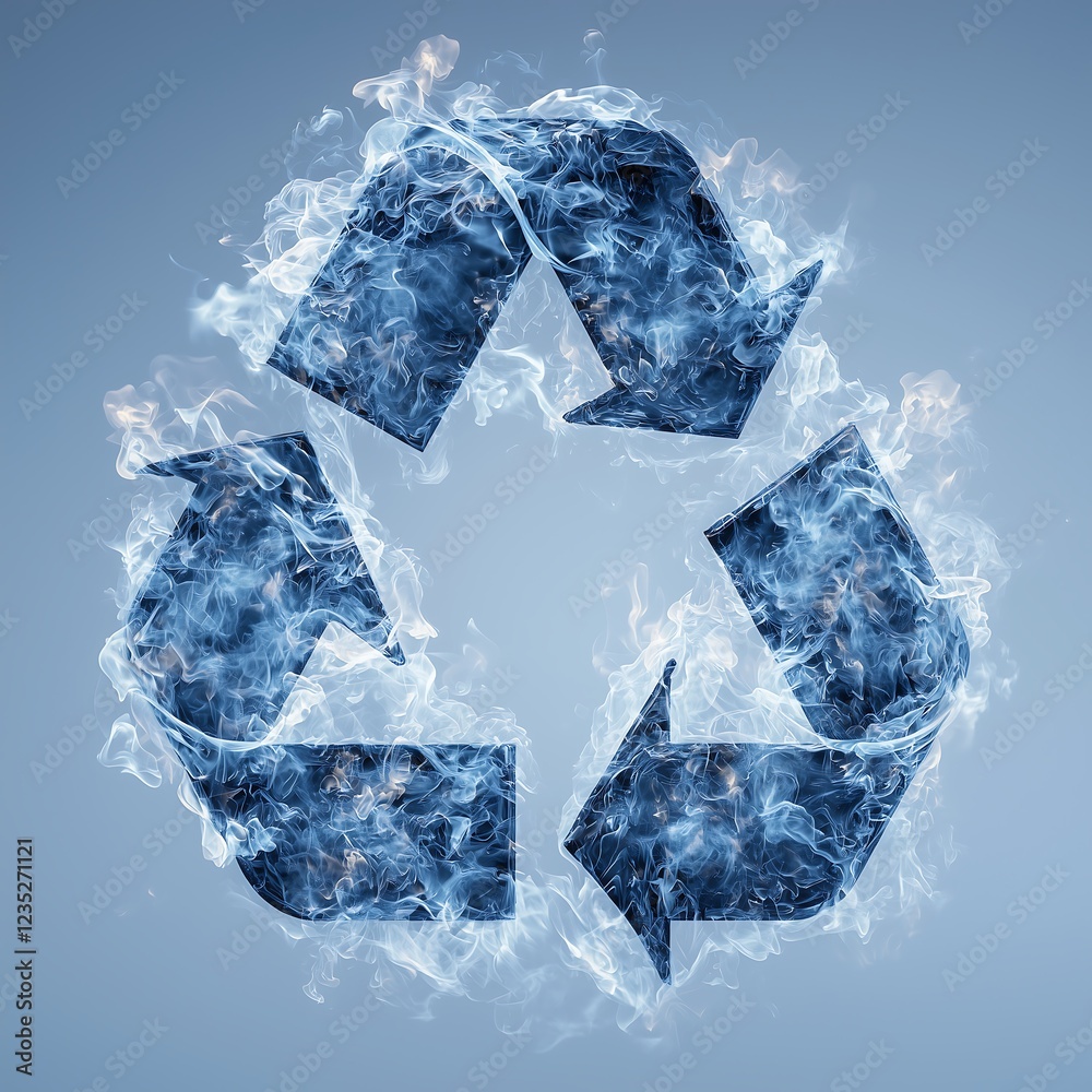 Obraz premium Crystal Clear Recycling Symbol: Ice-Laden Arrows on Blue, Symbolizing Sustainable Solutions、氷をまとった矢印による透明感のあるリサイクルシンボル:持続可能な解決策を象徴する.Generative AI