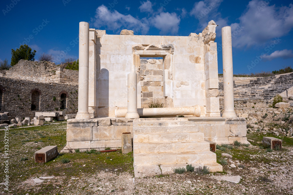 Fototapeta premium The remains of an Opramoas monument, aqueduct, a small theater, a temple of Asclepius, sarcophagi, and churches from Rhodiapolis, which was a city in ancient Lycia. Today it is located in Kumluca