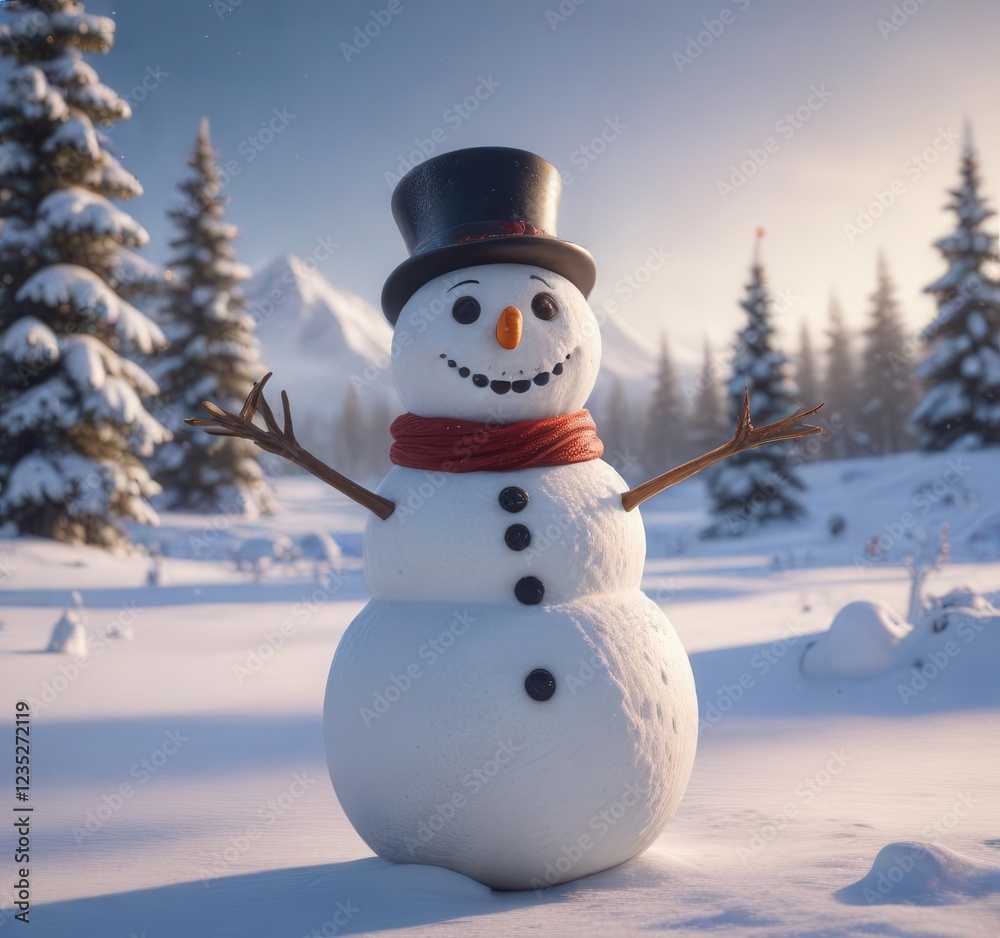 Obraz premium Happy snowman standing alone in a winter wonderland with open space, open space, snowy background