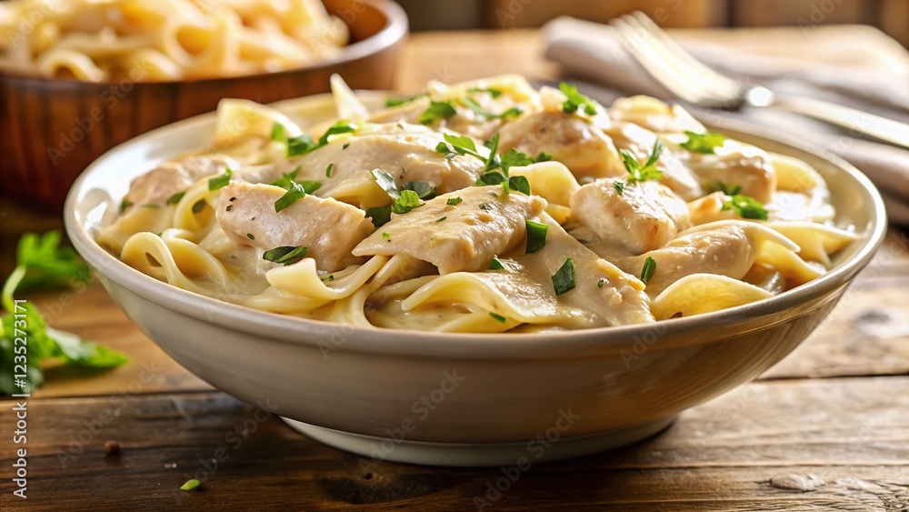 Creamy Chicken Alfredo Pasta Bowl - Tilt-Shift Miniature Food Photography Creamy Chicken Alfredo Pasta Bowl - Tilt-Shift Miniature Food Photography