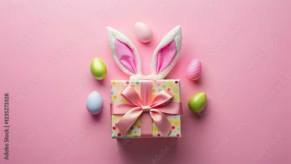 Easter Bunny Gift Box, Panoramic Top View, Pastel Pink Background Easter Bunny Gift Box, Panoramic Top View, Pastel Pink Background