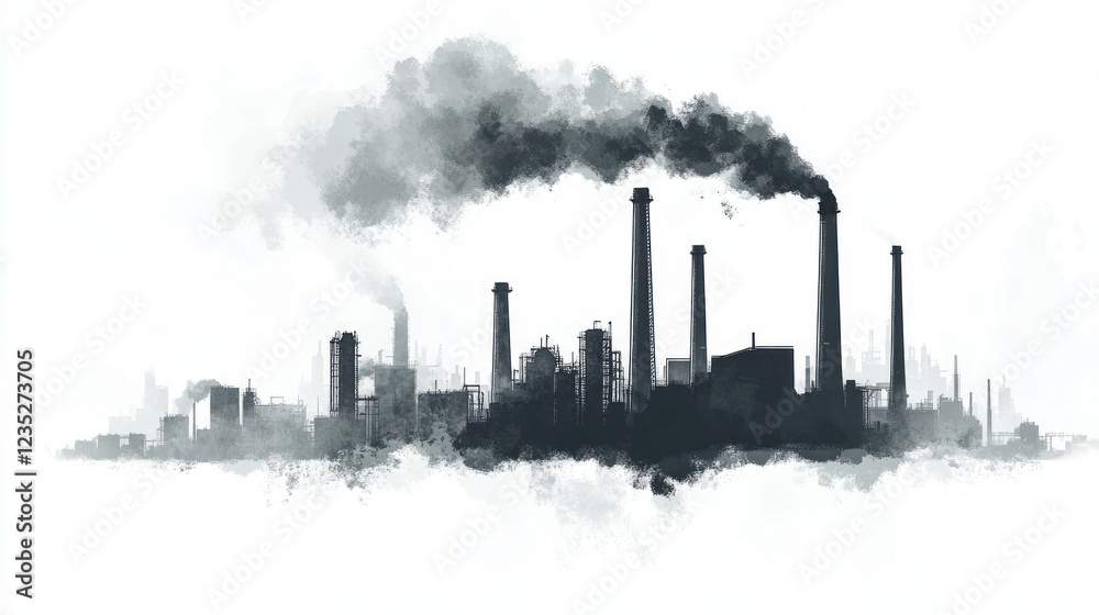 Industrial Factory Sketch with Chimneys and Smoke Industrial Factory Sketch with Chimneys and Smoke