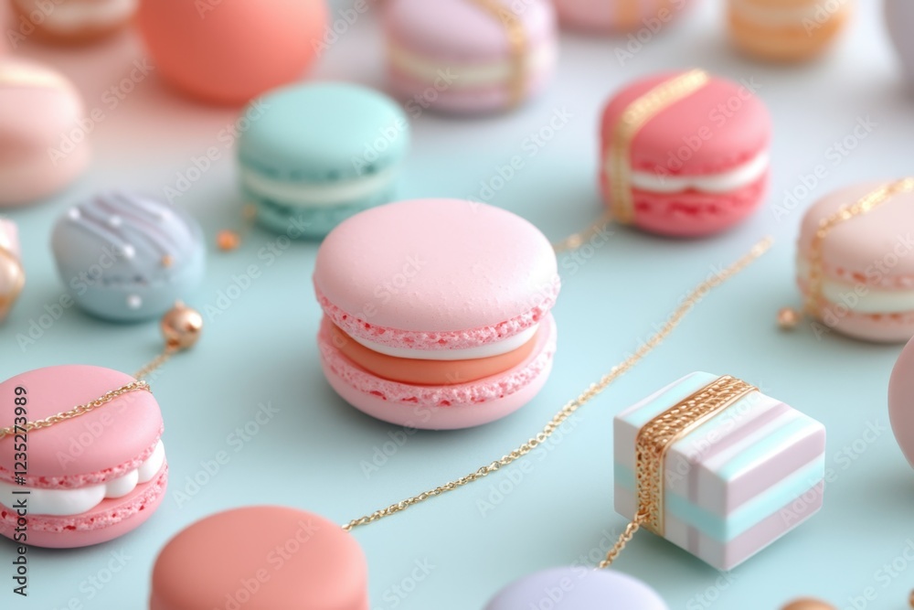 Pastel Macarons Arranged With Gold Necklaces and Gifts Pastel Macarons Arranged With Gold Necklaces and Gifts