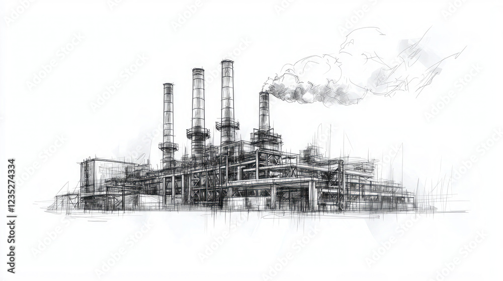 Industrial Factory Sketch with Chimneys and Smoke Industrial Factory Sketch with Chimneys and Smoke