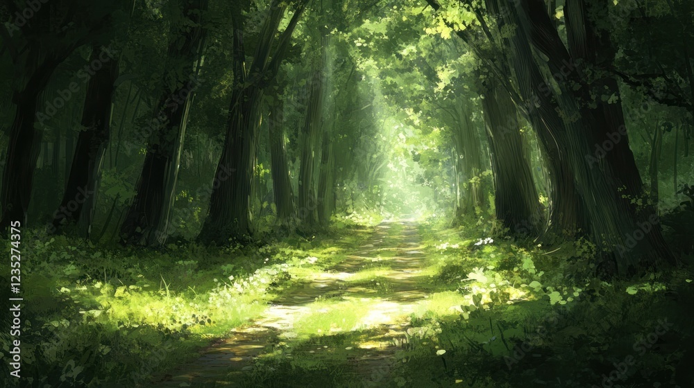 Obraz premium Sunlit Path Through A Lush Green Forest