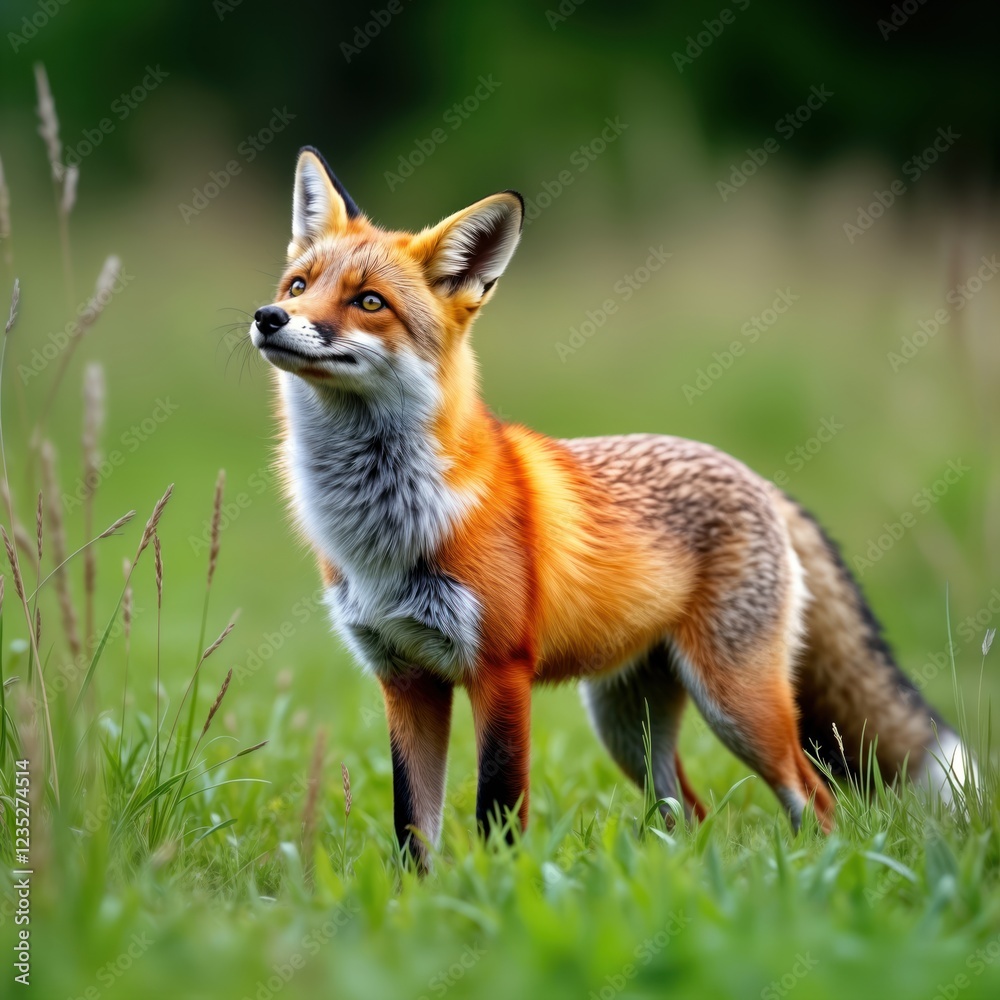 Obraz premium Wild fox stands in Swiss meadow. Animal looks alert, gaze directed upwards. Rich green grass surrounds the fox. Natural scenery. Wildlife portrait in nature.