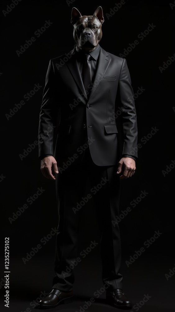 Fantasy Portrait of Man in Black Suit with Dog Head on Black Background, Surreal Image, vertical Fantasy Portrait of Man in Black Suit with Dog Head on Black Background, Surreal Image, vertical