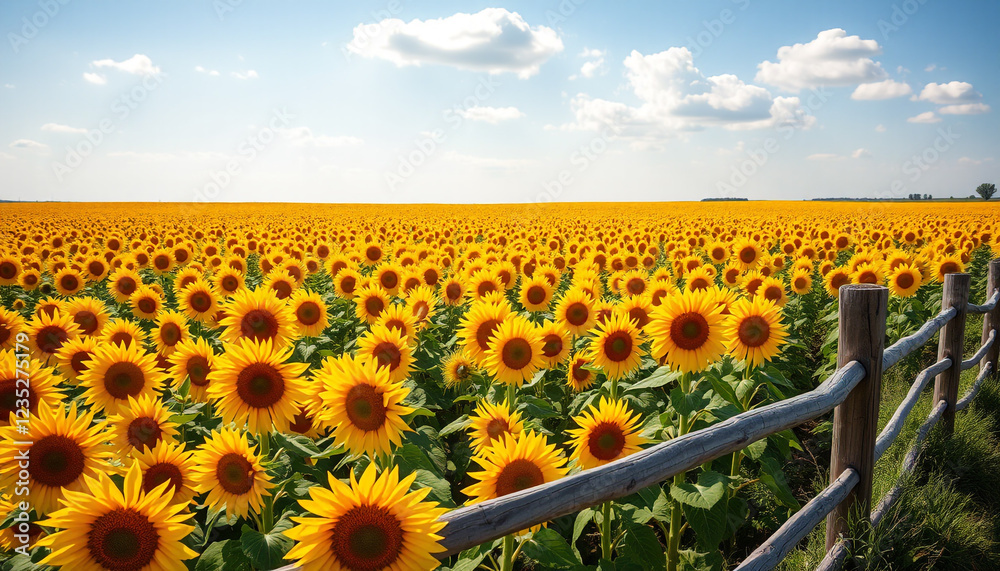 Obraz premium A vast sunflower field with golden flowers reaching out to the horizon, surrounded by wooden fences under a bright sunny sky in a rural setting.