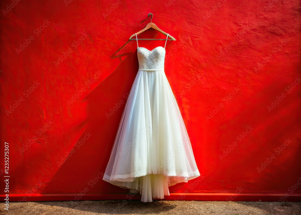 Obraz premium Elegant Wedding Dress Against Red Wall Drone Shot