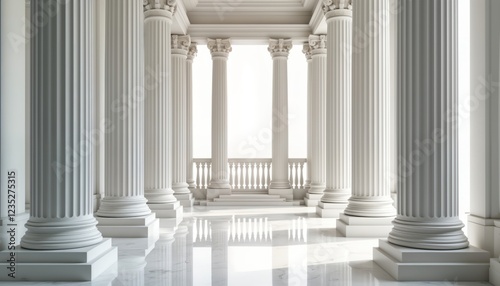 Elegant ionic columns create grand architectural colonnade. White marble pillars stand tall on pedestals. Classic design elements of historical buildings clearly visible. Ancient Greek Roman style