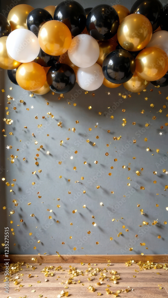 Naklejka premium Festive background for party with gold and black. white balls under the ceiling, gray concrete wall, confetti, vertical, copy space