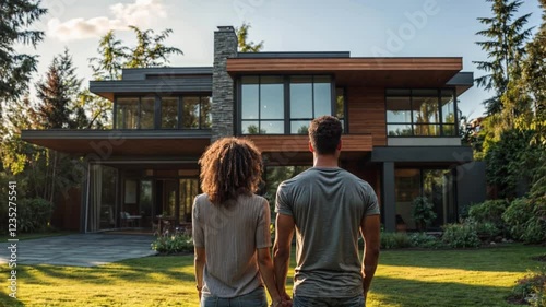 Multi-ethnic young couple in front of their newly purchased modern home
