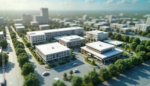 Aerial view of modern healthcare campus. Model shows hospitals research centers, patient care facilities. City landscape with buildings, trees. Model shows urban development with modern architecture. photo